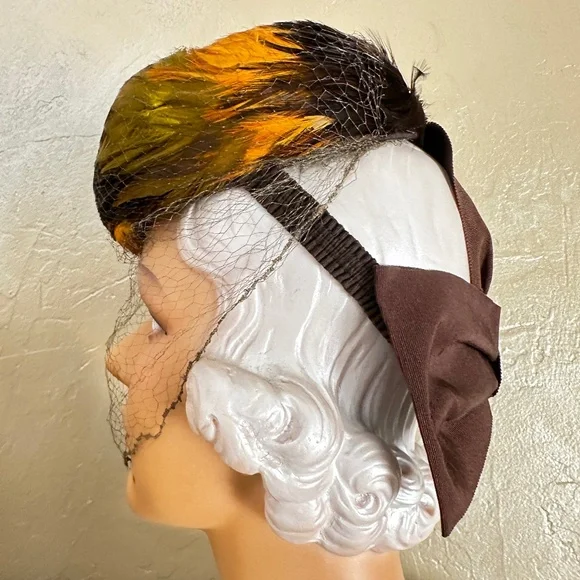 DEBONAIR 1930s' TILT HAT COVERED BY MULTICOLORED FEATHERS + BACK STRAP + VEIL